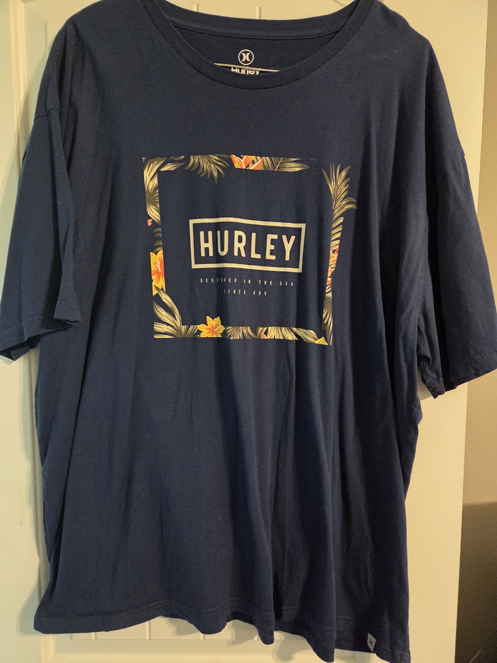 Hurley Navy Short-Sleeve Logo Tee with Floral Frame